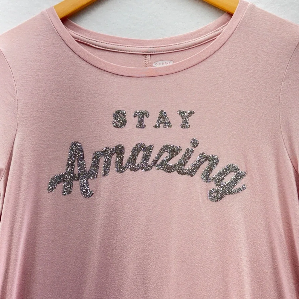 Old Navy Girls Size XL 14 Pink Glitter Stay Amazing Graphic Long Sleeve Top